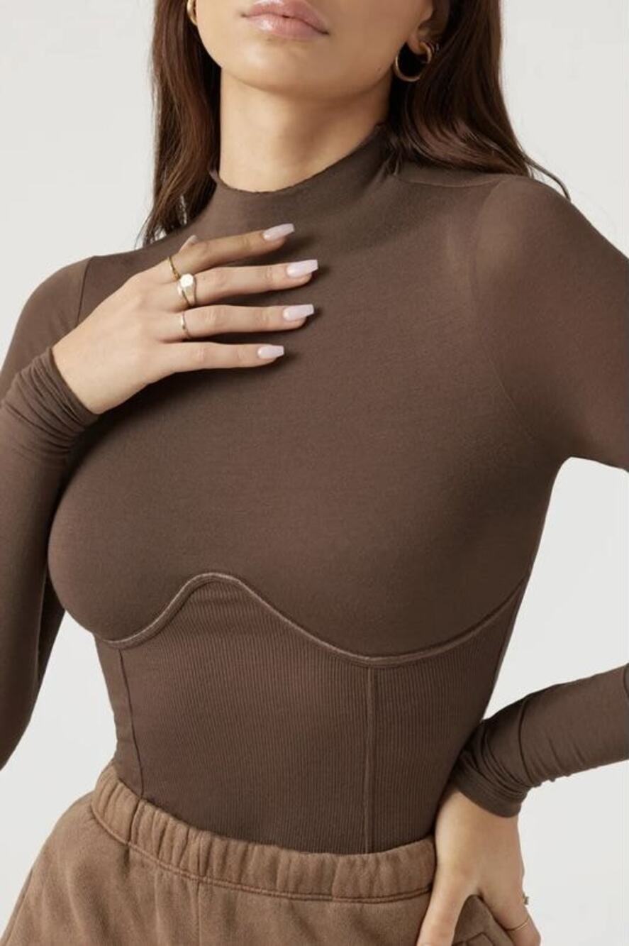NEW NWT Joah Brown Ribbed Corset Mock Neck Long Sleeve Fitted Top Brown XS/S